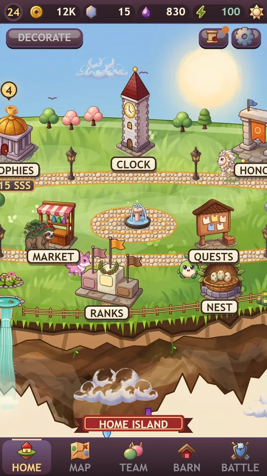 Your home island, with its buildings and decorations